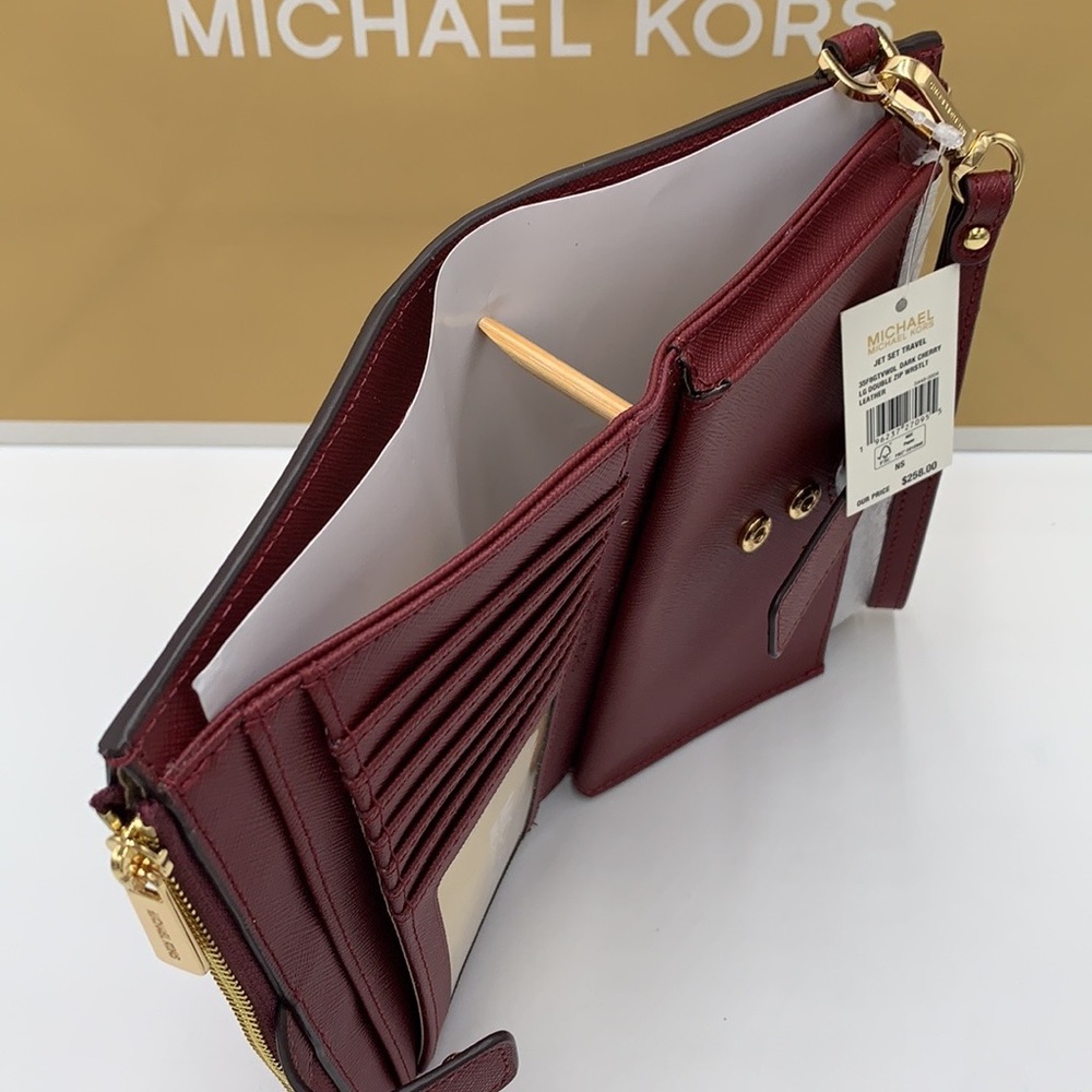 MICHAEL KORS LARGE DOUBLE ZIP WRISTLET WALLET DARK CHERRY COLOR MERLOT MULBERRY - Picture 5 of 16